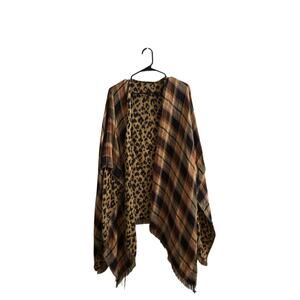 Reversible Plaid & Leopard Kimono Wrap – Boho Fringe Open-Front Layering Top